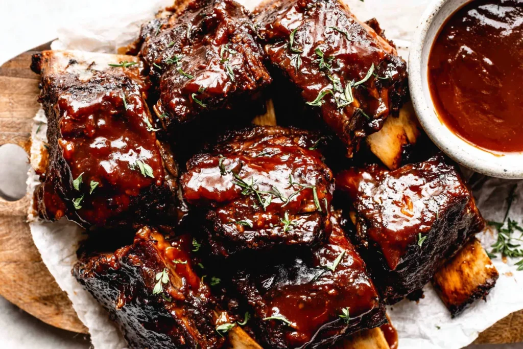 Slow Cooker Ribs glazed with rich barbecue sauce and finished until tender