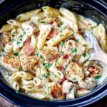 Slow Cooker Cajun Chicken Alfredo Recipe cooking in a crockpot with penne pasta and Cajun-spiced chicken.Slow Cooker Cajun Chicken Alfredo Recipe