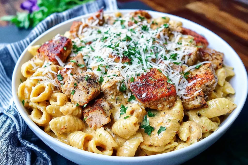 Creamy pasta bowl topped with Cajun-seasoned chicken for the Slow Cooker Cajun Chicken Alfredo Recipe.