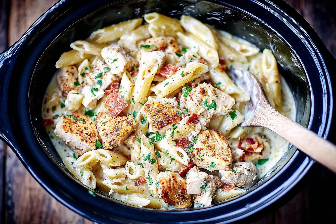 Slow Cooker Cajun Chicken Alfredo Recipe cooking in a crockpot with penne pasta and Cajun-spiced chicken.Slow Cooker Cajun Chicken Alfredo Recipe