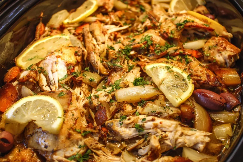 Slow Cooker Chicken Shawarma recipe cooking with lemon slices, onions, and spices in a crockpot