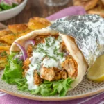 Slow Cooker Chicken Shawarma recipe wrapped in a warm pita with yogurt sauce, fresh lettuce, and red onion served with lemon wedges