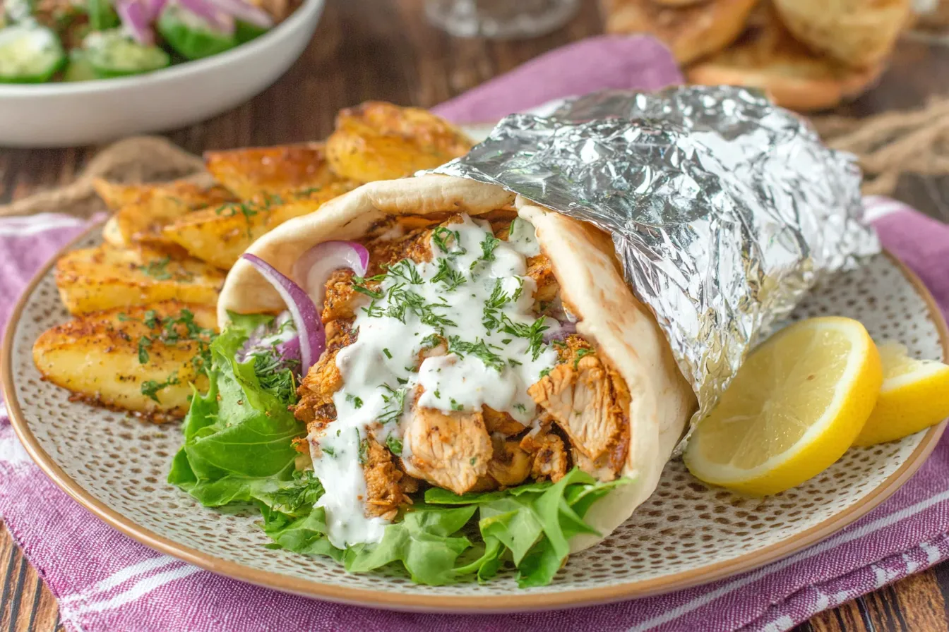 Slow Cooker Chicken Shawarma recipe wrapped in a warm pita with yogurt sauce, fresh lettuce, and red onion served with lemon wedges
