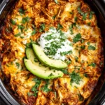 Slow Cooker Chicken Enchiladas cooking in a crockpot with melted cheese avocado and cilantro