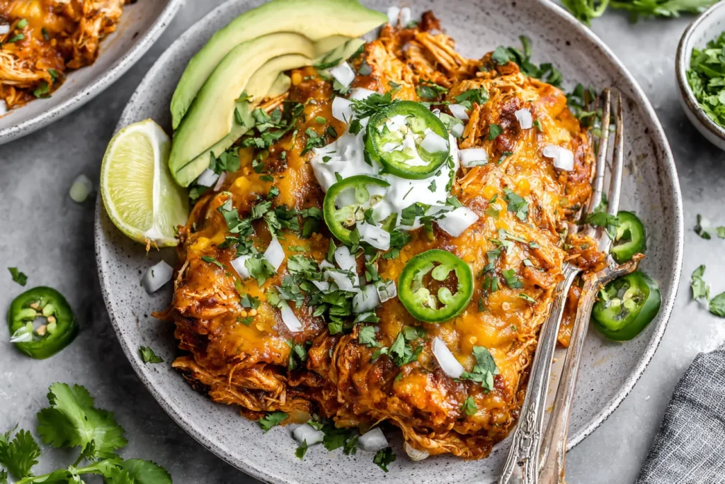 Slow Cooker Chicken Enchiladas topped with melted cheese jalapeños cilantro and avocado slices