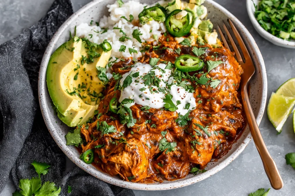 Slow Cooker Chicken Enchiladas served in a bowl with rice avocado sour cream and fresh cilantro