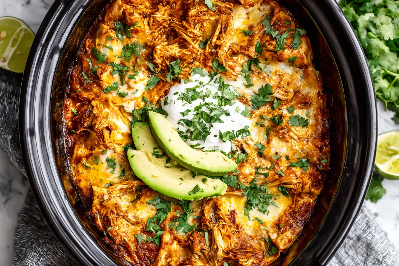 Slow Cooker Chicken Enchiladas cooking in a crockpot with melted cheese avocado and cilantro