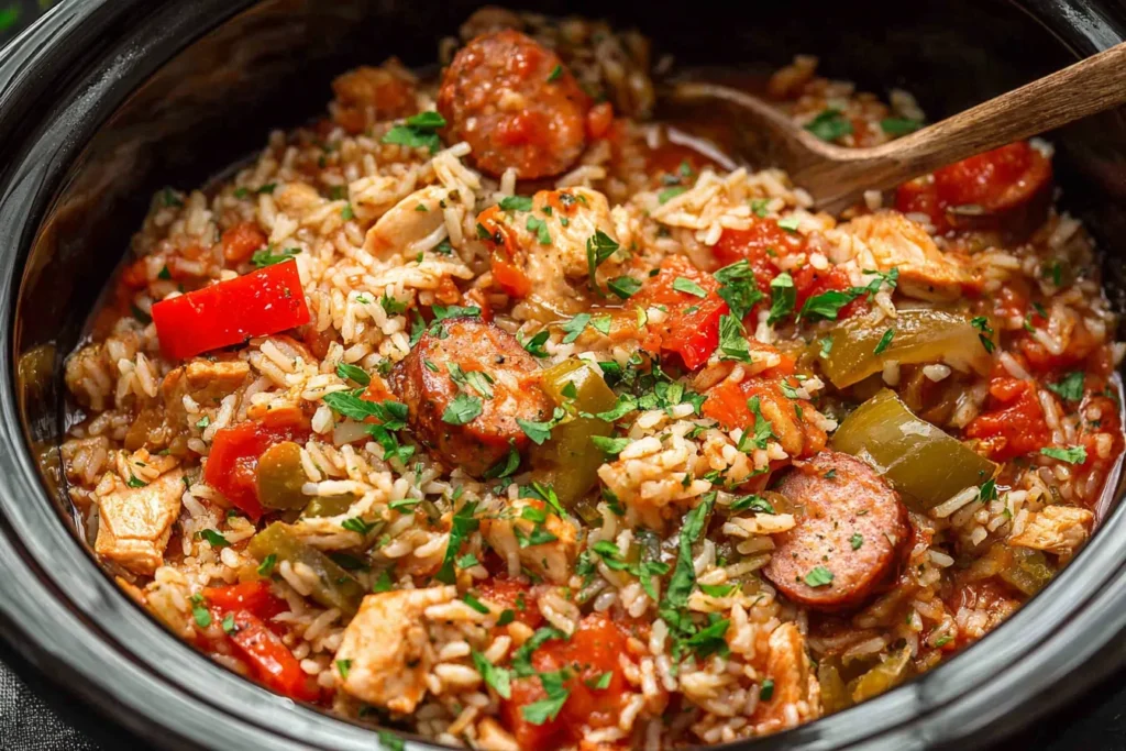 Slow Cooker Chicken Jambalaya served with sausage, peppers, and rice