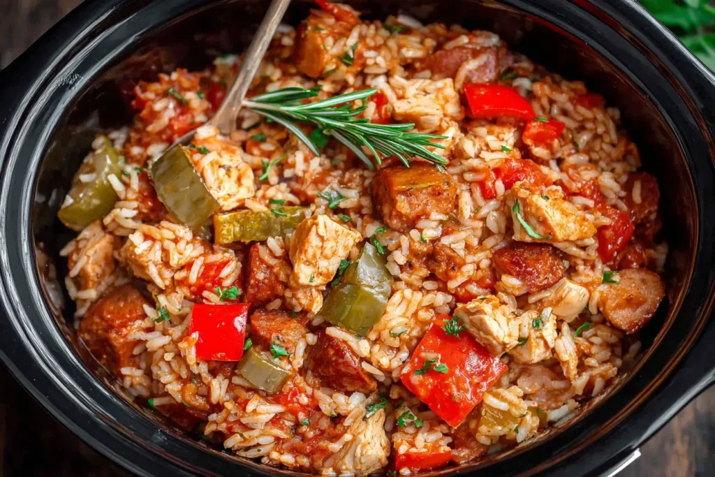 Slow Cooker Chicken Jambalaya with rice, chicken, sausage, and peppers in a crockpot