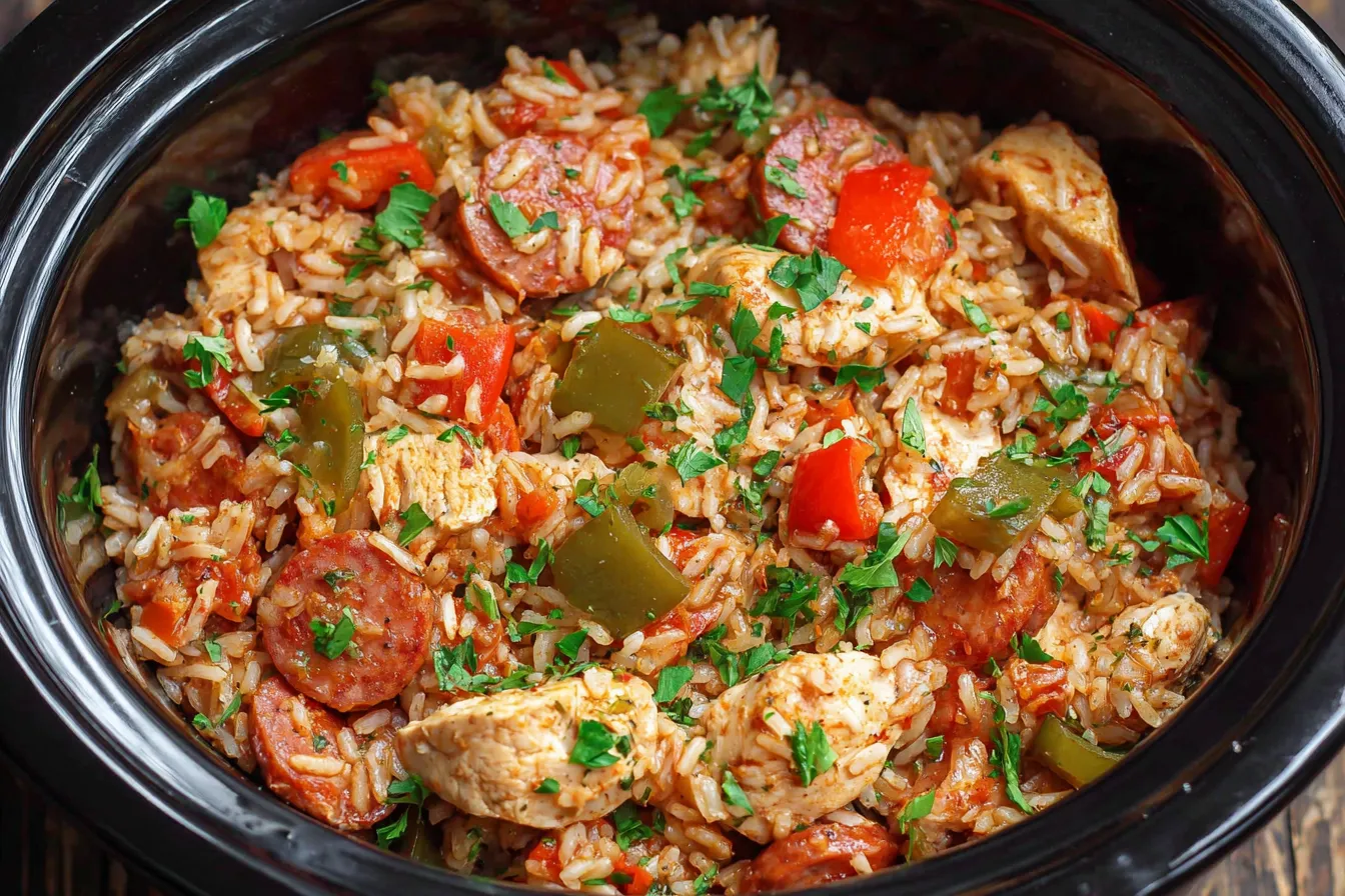 Slow Cooker Chicken Jambalaya with andouille sausage and bell peppers