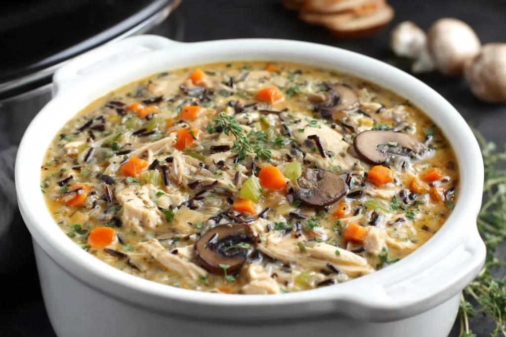 Slow Cooker Chicken and Wild Rice Soup with tender chicken, wild rice, carrots, celery, and mushrooms in a creamy broth