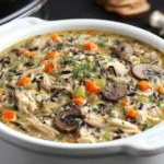 Slow Cooker Chicken and Wild Rice Soup with tender chicken, wild rice, carrots, celery, and mushrooms in a creamy broth