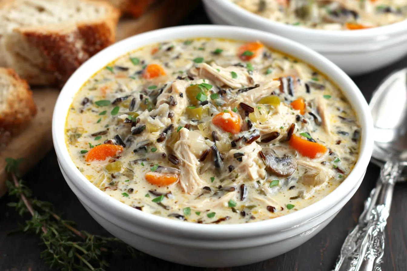Slow Cooker Chicken and Wild Rice Soup served warm with shredded chicken, wild rice, mushrooms, and herbs