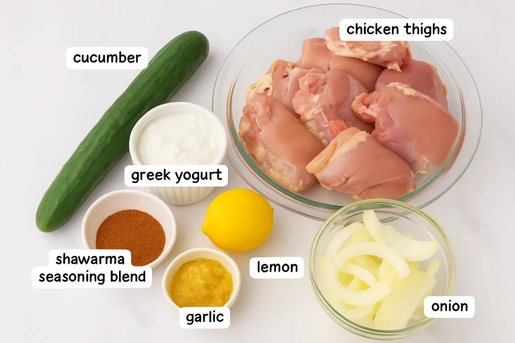 Slow Cooker Chicken Shawarma recipe ingredients including chicken thighs, Greek yogurt, cucumber, lemon, garlic, onion, and shawarma seasoning