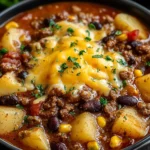 Slow Cooker Cowboy Casserole Recipe filled with tender potatoes, seasoned beef, beans, corn, and melted cheese.
