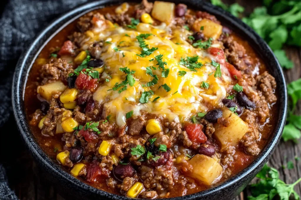 Slow Cooker Cowboy Casserole Recipe topped with melted cheese, hearty beef, beans, corn, and potatoes in a rustic bowl.