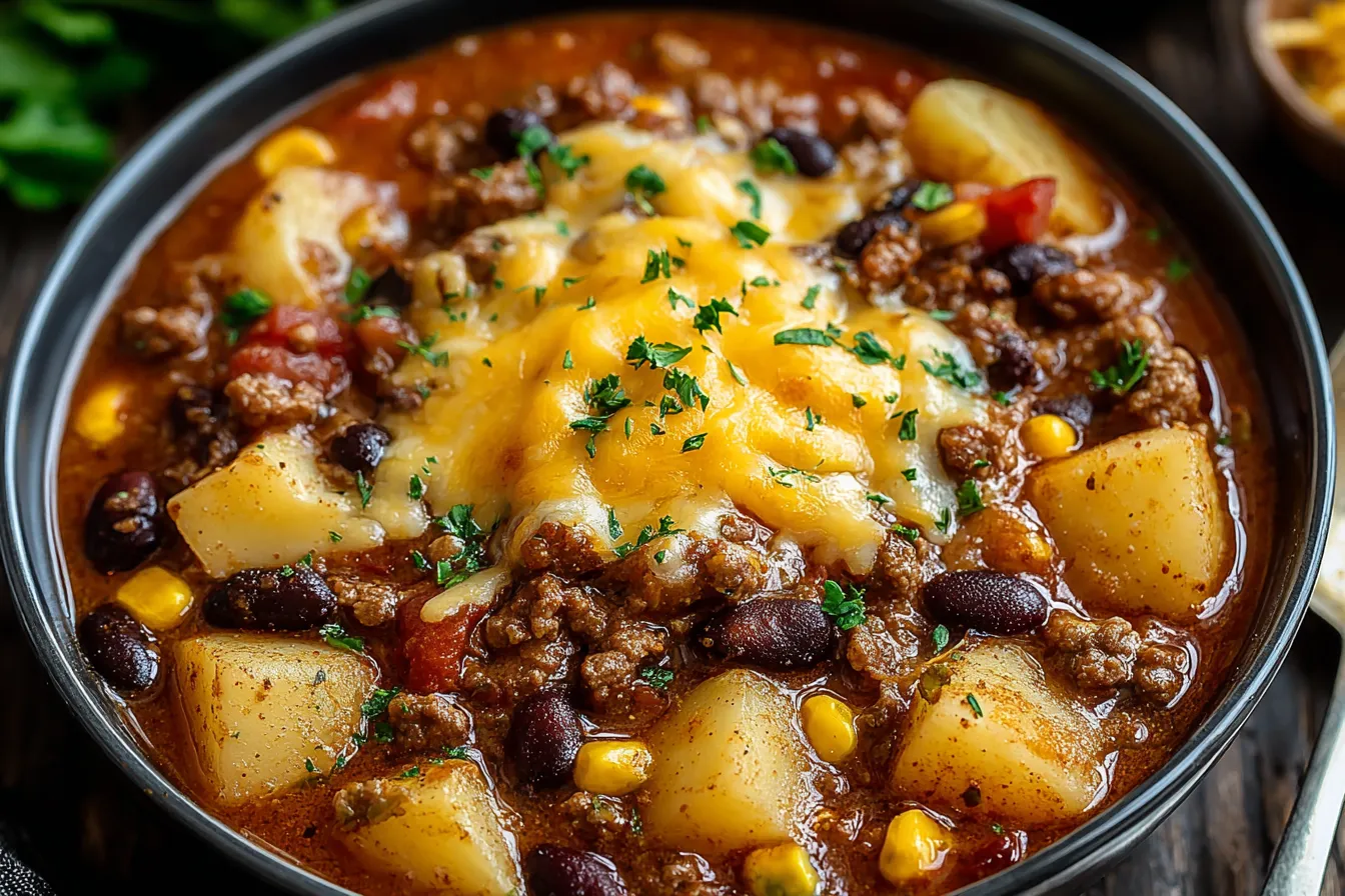 Slow Cooker Cowboy Casserole Recipe filled with tender potatoes, seasoned beef, beans, corn, and melted cheese.