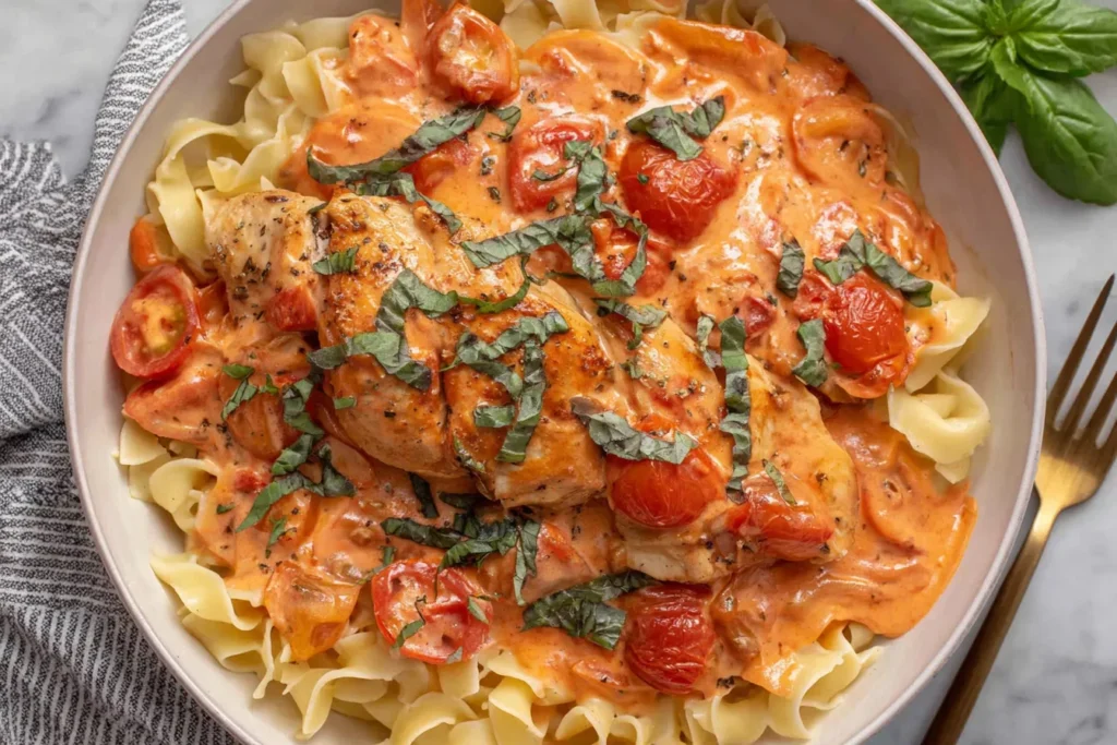 Slow Cooker Creamy Tomato Basil Chicken Recipe served over pasta with creamy tomato basil sauce