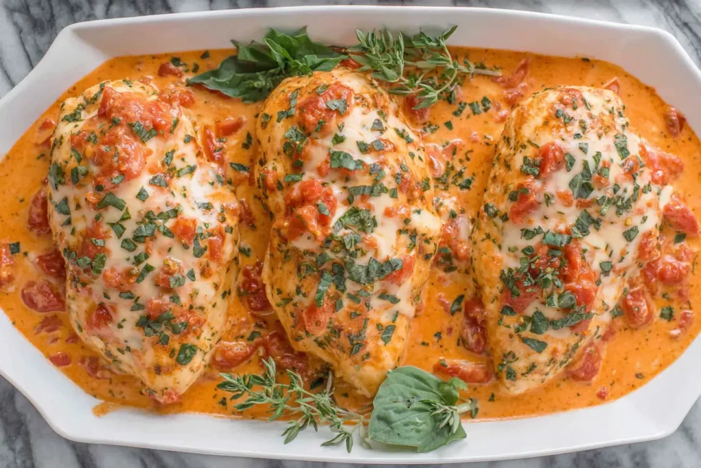Slow Cooker Creamy Tomato Basil Chicken Recipe served in a baking dish with fresh basil and creamy tomato sauce