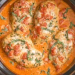 Slow Cooker Creamy Tomato Basil Chicken Recipe cooking in a slow cooker with creamy tomato sauce and fresh basil
