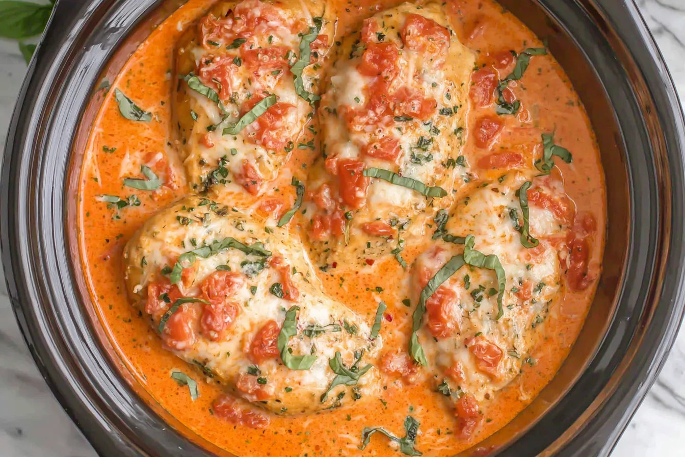 Slow Cooker Creamy Tomato Basil Chicken Recipe cooking in a slow cooker with creamy tomato sauce and fresh basil