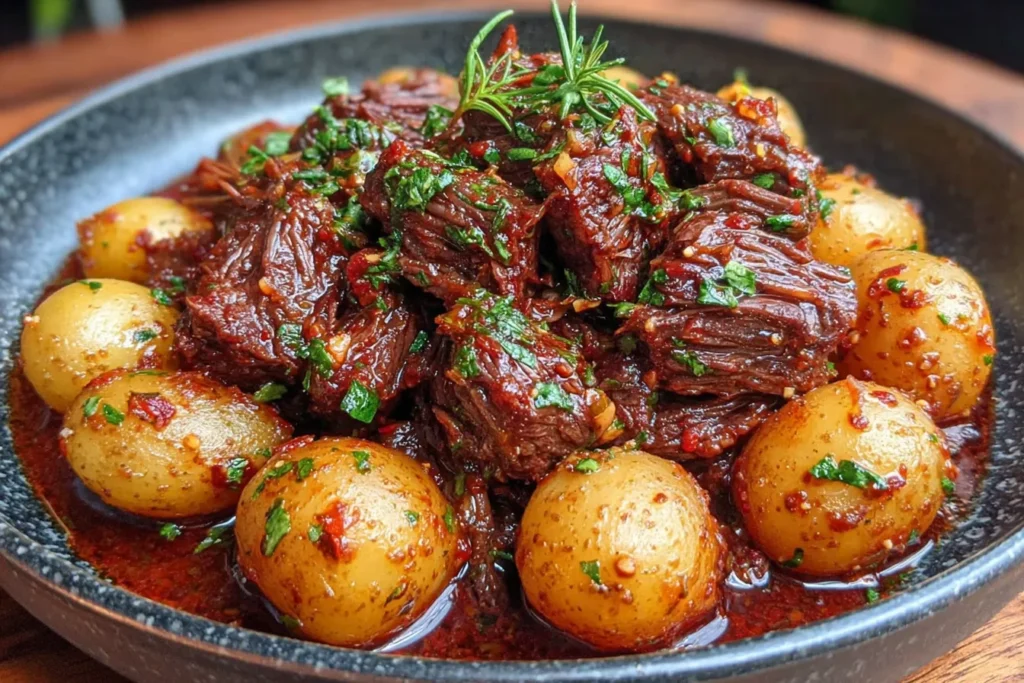 Slow Cooker Garlic Butter Beef with Potatoes served in a skillet with tender beef chunks and golden baby potatoes coated in rich garlic butter sauce