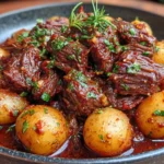 Slow Cooker Garlic Butter Beef with Potatoes served in a skillet with tender beef chunks and golden baby potatoes coated in rich garlic butter sauce