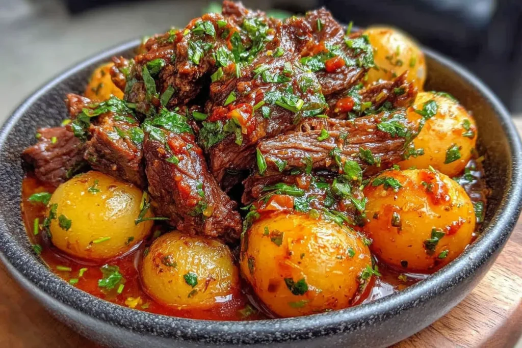 Slow Cooker Garlic Butter Beef with Potatoes served in a rustic bowl with tender shredded beef, golden baby potatoes, and rich garlic butter sauce