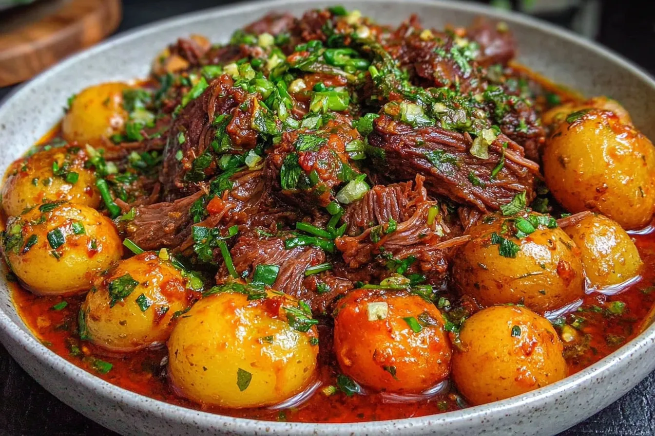 Slow Cooker Garlic Butter Beef with Potatoes topped with fresh parsley and rosemary in a rustic bowl