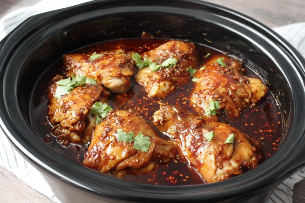 Slow Cooker Hoisin Chicken Recipe cooking in a crockpot with rich hoisin sauce