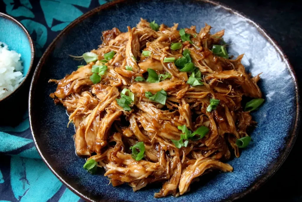 Slow Cooker Hoisin Chicken Recipe served shredded with rich hoisin sauce and green onions