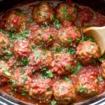 Slow Cooker Italian Meatballs cooking low and slow in a crockpot with tomato sauce and herbs