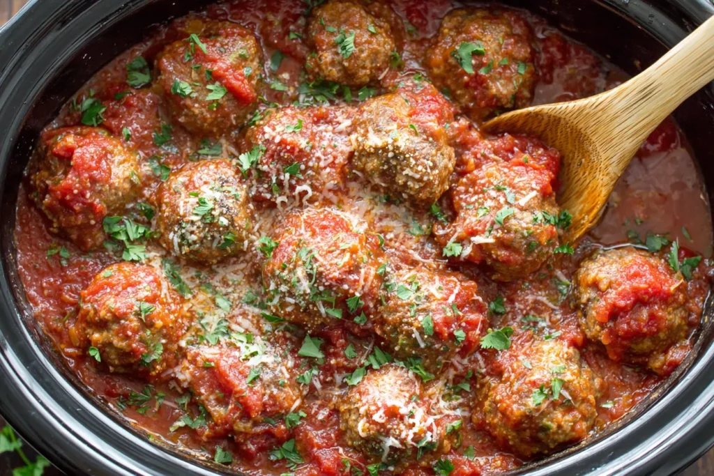 Slow CoSlow Cooker Italian Meatballs simmering in rich tomato sauce with fresh parsley and parmesan cheeseoker Italian Meatballs 2