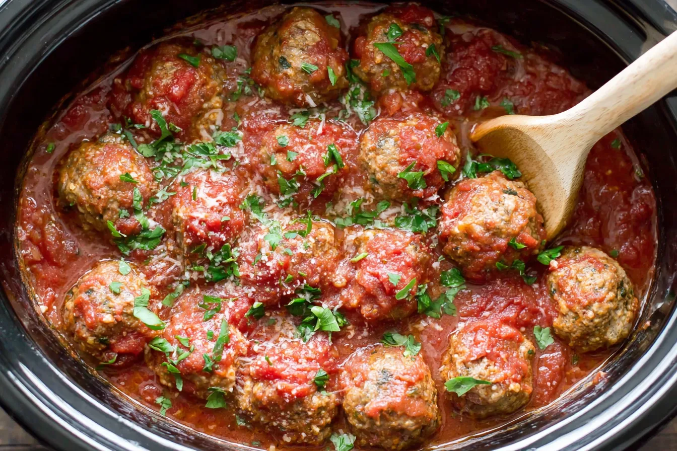 Slow Cooker Italian Meatballs cooking low and slow in a crockpot with tomato sauce and herbs