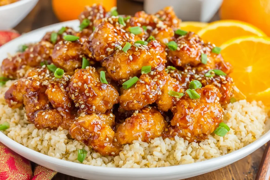 Easy Slow Cooker Orange Chicken served over rice with sesame seeds and scallions