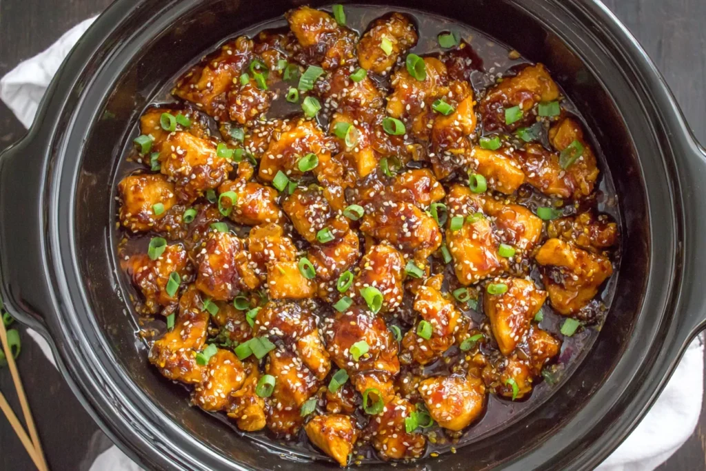 Easy Slow Cooker Orange Chicken cooking in a crockpot with sticky orange sauce