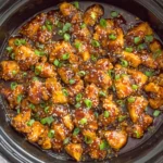 Easy Slow Cooker Orange Chicken cooking in a crockpot with sticky orange sauce