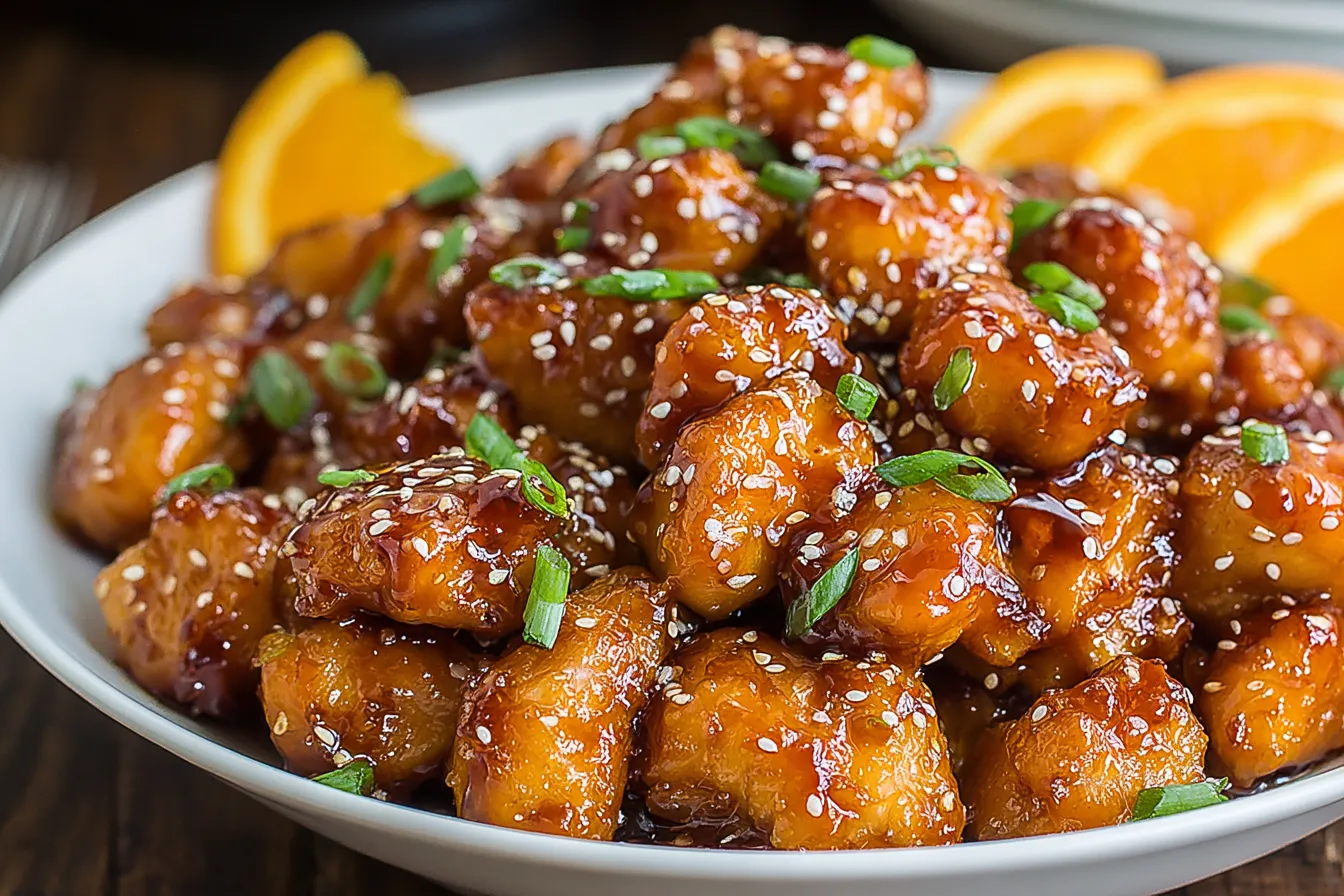 Easy Slow Cooker Orange Chicken with sesame seeds and green onions