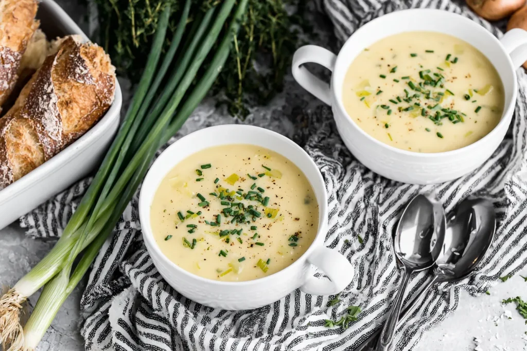 Creamy Slow Cooker Potato Leek Soup served in white bowls topped with chives beside fresh bread and green onions.
