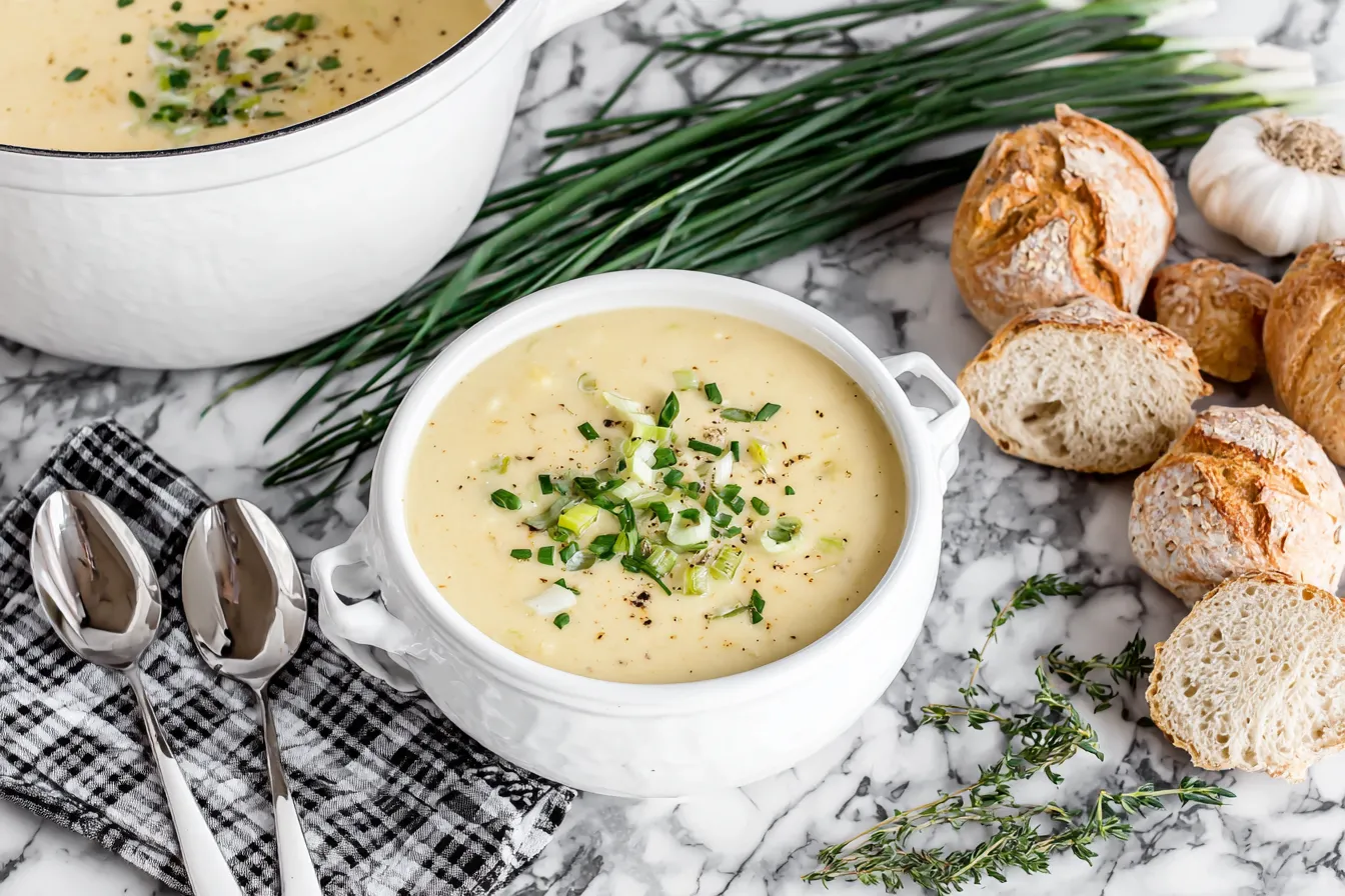Slow Cooker Potato Leek Soup in a white soup tureen topped with chives and served with fresh bread and herbs.