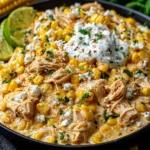 Slow Cooker Street Corn Chicken shredded and mixed with creamy corn sauce and cotija cheese