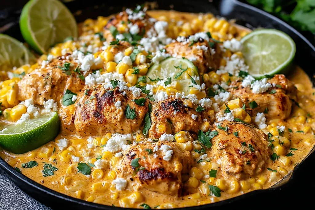 Slow Cooker Street Corn Chicken cooked in a creamy corn sauce with lime wedges and cotija cheese
