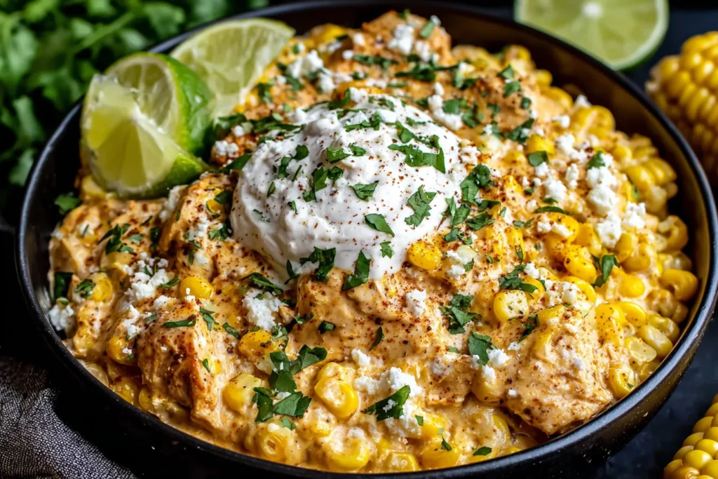 Slow Cooker Street Corn Chicken with creamy sauce, corn, cotija cheese, and fresh cilantro