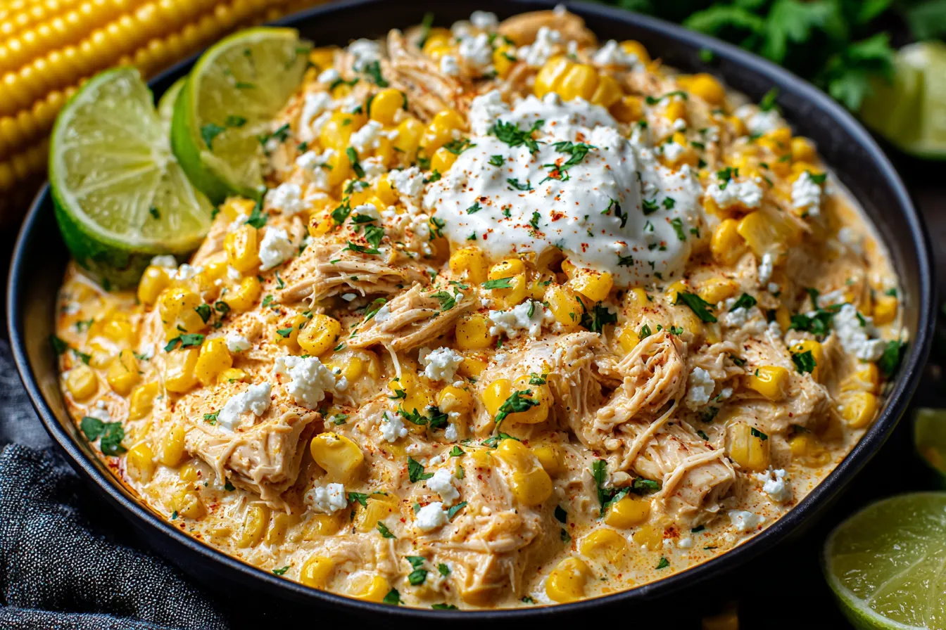 Slow Cooker Street Corn Chicken shredded and mixed with creamy corn sauce and cotija cheese