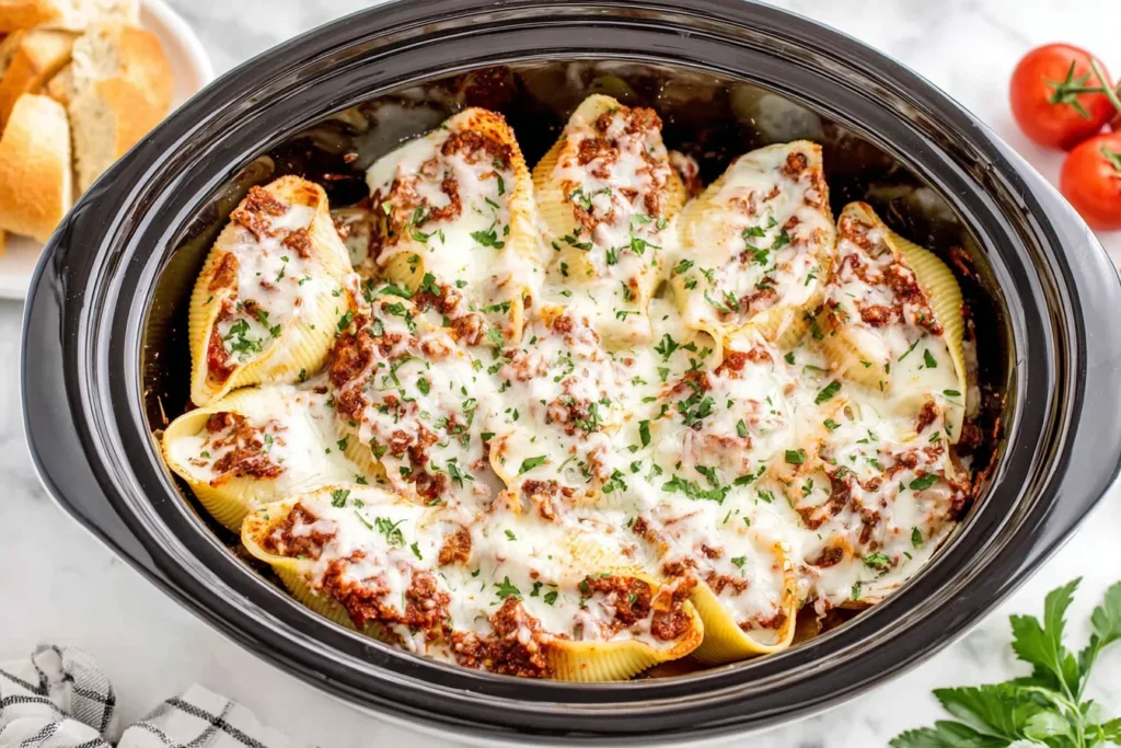 Slow Cooker Stuffed Shells with meat baked in sauce and melted cheese inside the slow cooker