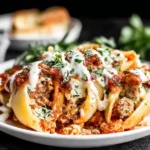 Slow Cooker Stuffed Shells with meat topped with melted cheese and fresh herbs on a plate
