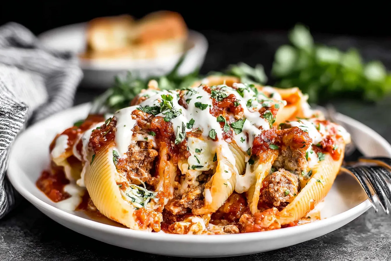 Slow Cooker Stuffed Shells with meat topped with melted cheese and fresh herbs on a plate