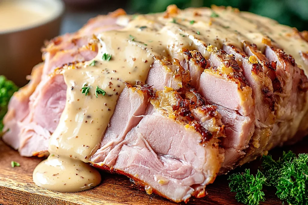 Slowcooker Creamy Mustard Pulled Ham resting on a cutting board with sauce