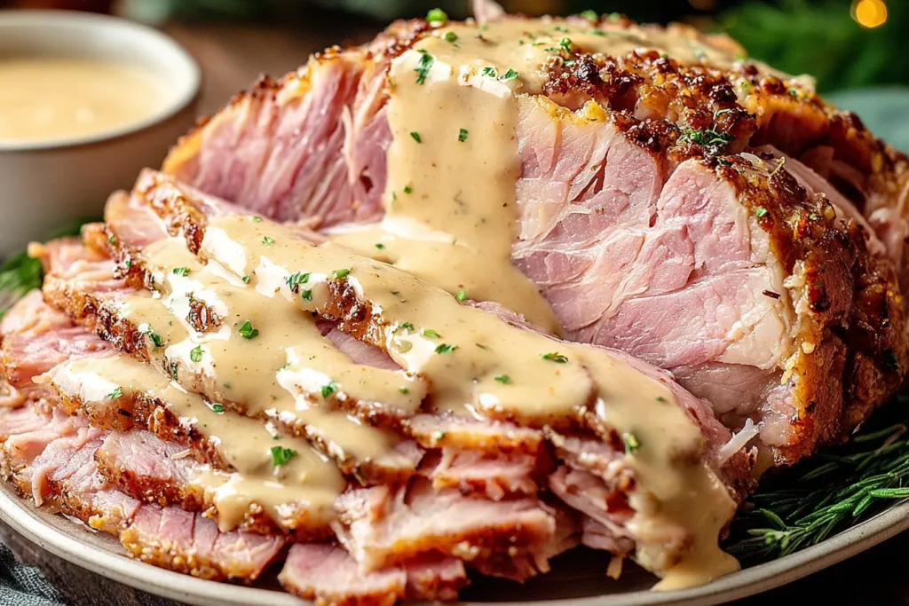 Juicy Slowcooker Creamy Mustard Pulled Ham served with creamy sauce