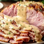 Juicy Slowcooker Creamy Mustard Pulled Ham served with creamy sauce